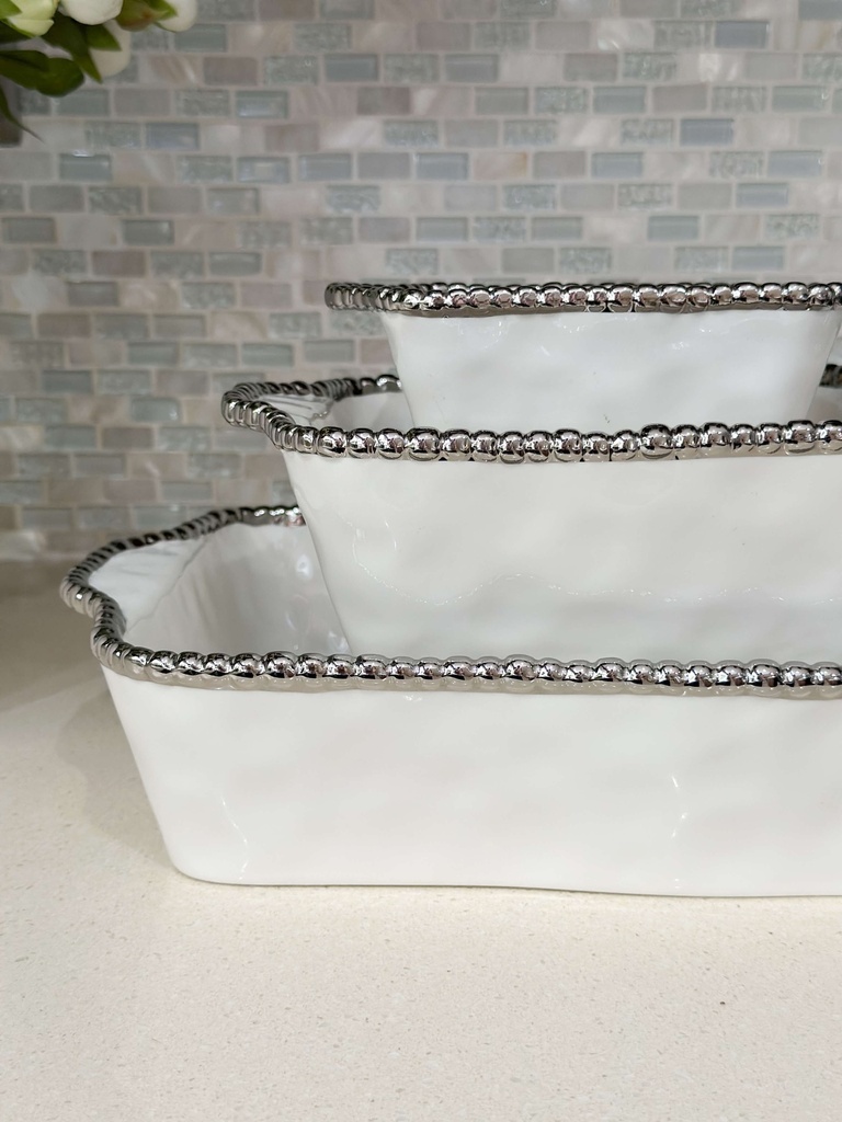 Baking Dish de porcelana orilla plateada (3 tamaños)