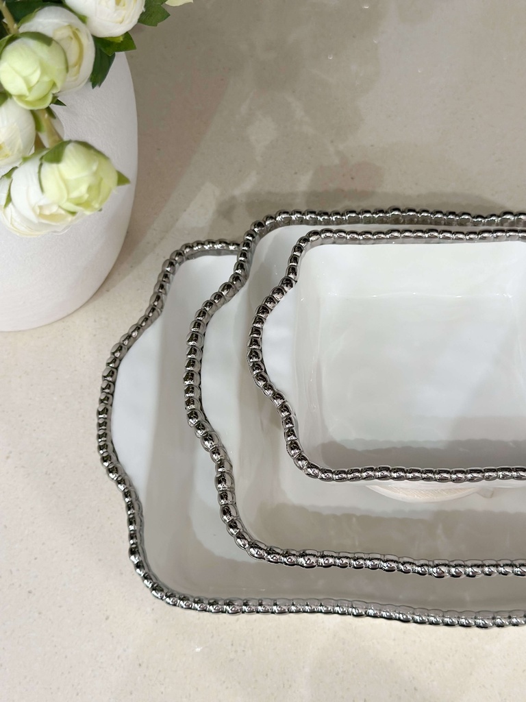 Baking Dish de porcelana orilla plateada (3 tamaños)