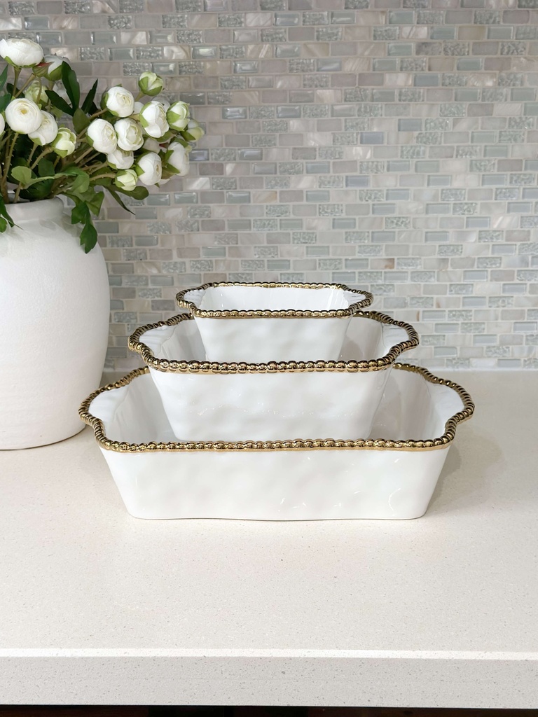 Baking Dish de porcelana orilla dorada (3 tamaños)