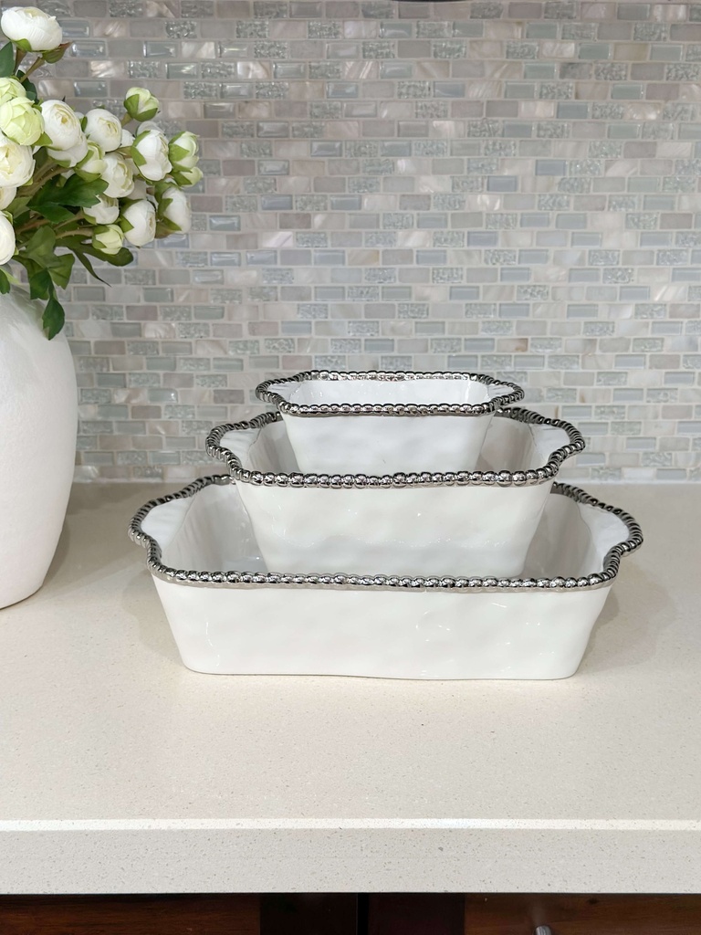 Baking Dish de porcelana orilla plateada (3 tamaños)