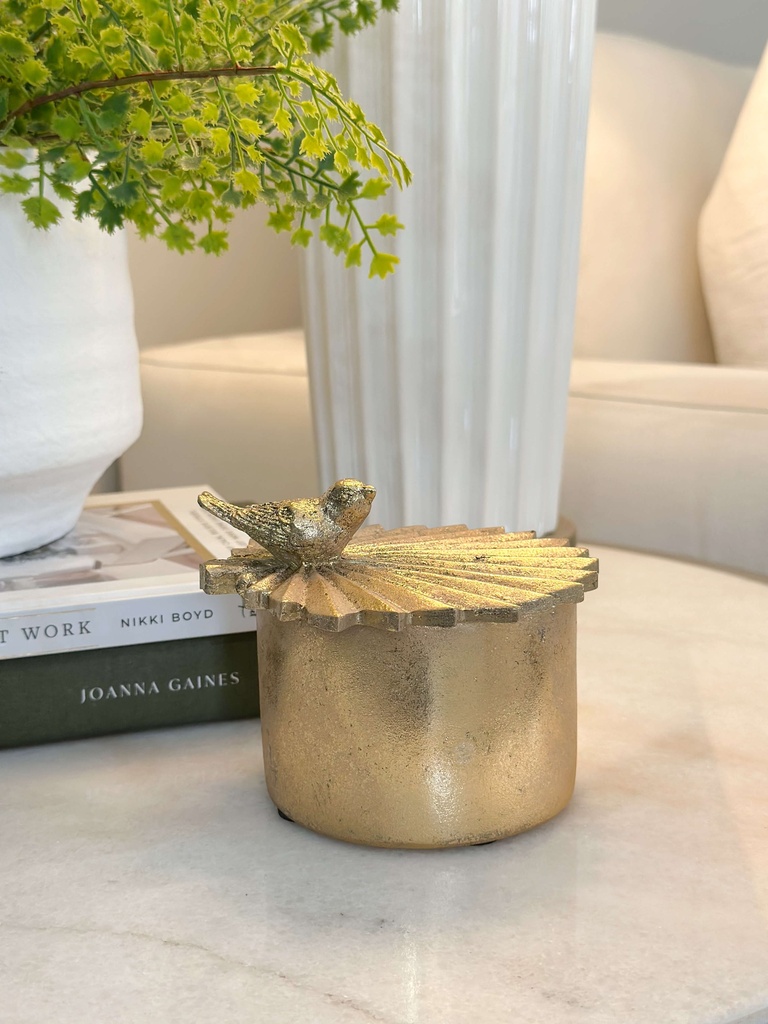 Joyero redondo dorado con pajarito