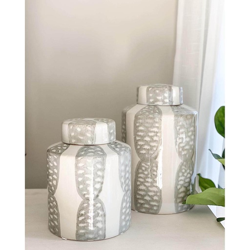 Jarron gris y blanco con tapadera (2 tamaños)