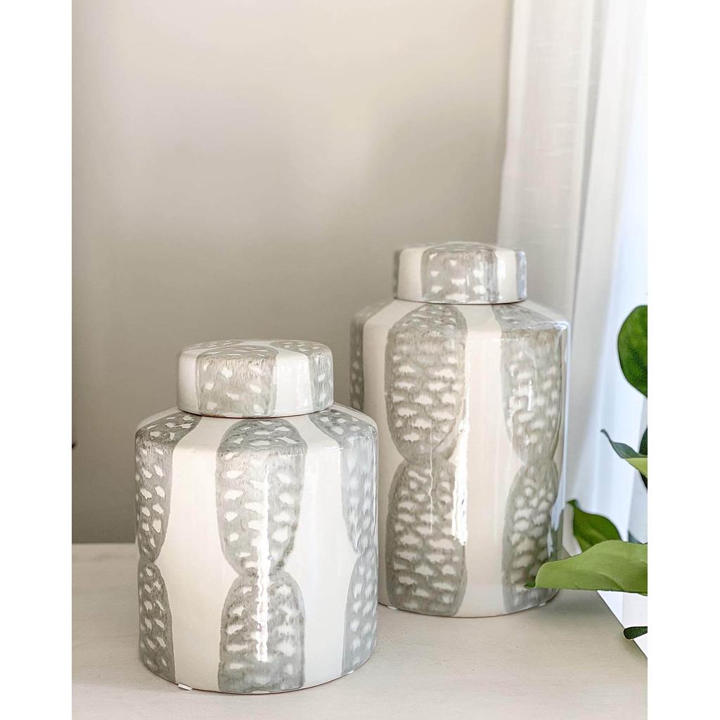 Jarron gris y blanco con tapadera (2 tamaños)